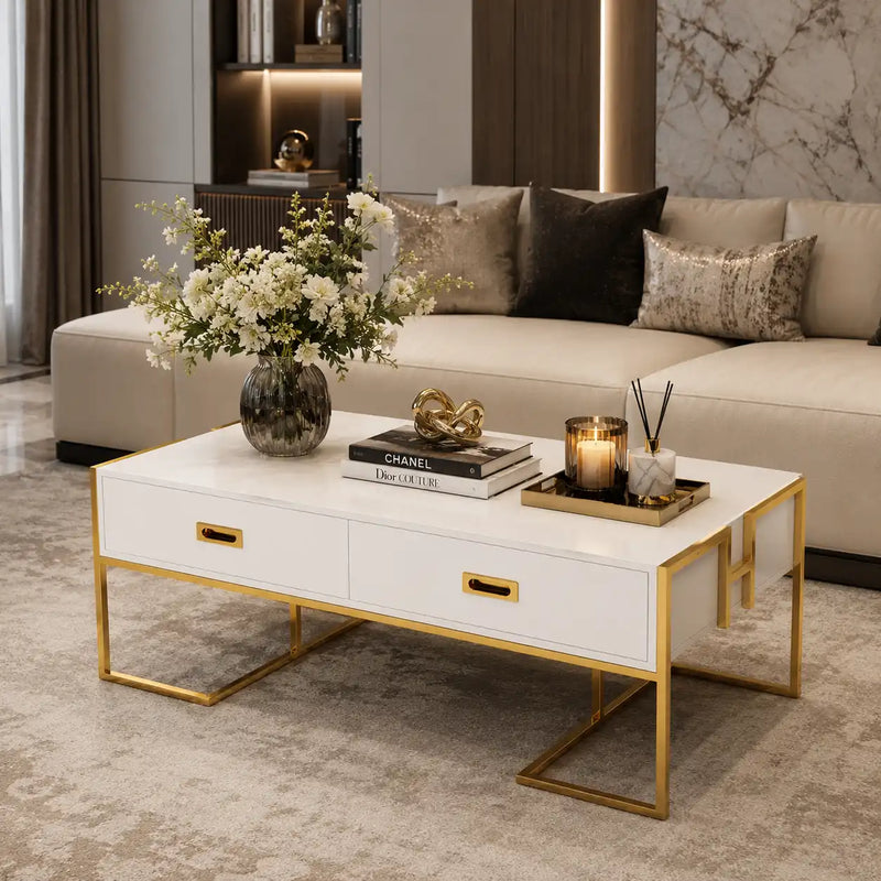 White Center Table with Four Drawers and Gold Base