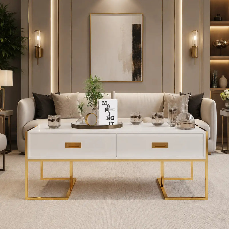 White Center Table with Four Drawers and Gold Base