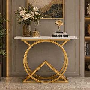 White Console Table with Twin Ring Gold Base