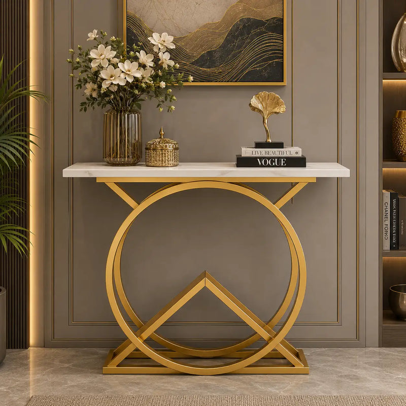 White Console Table with Twin Ring Gold Base