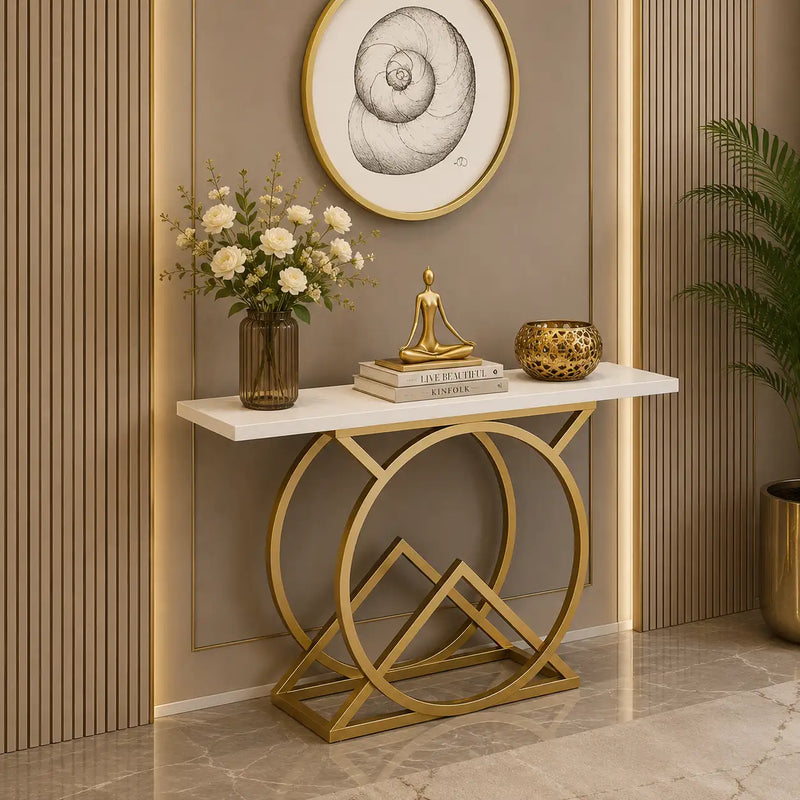 White Console Table with Twin Ring Gold Base