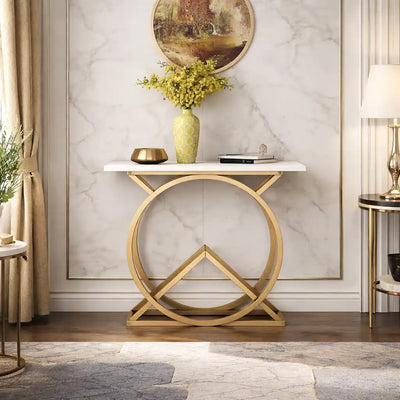 White Console Table with Twin Ring Gold Base