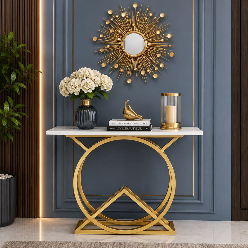 White Console Table with Twin Ring Gold Base
