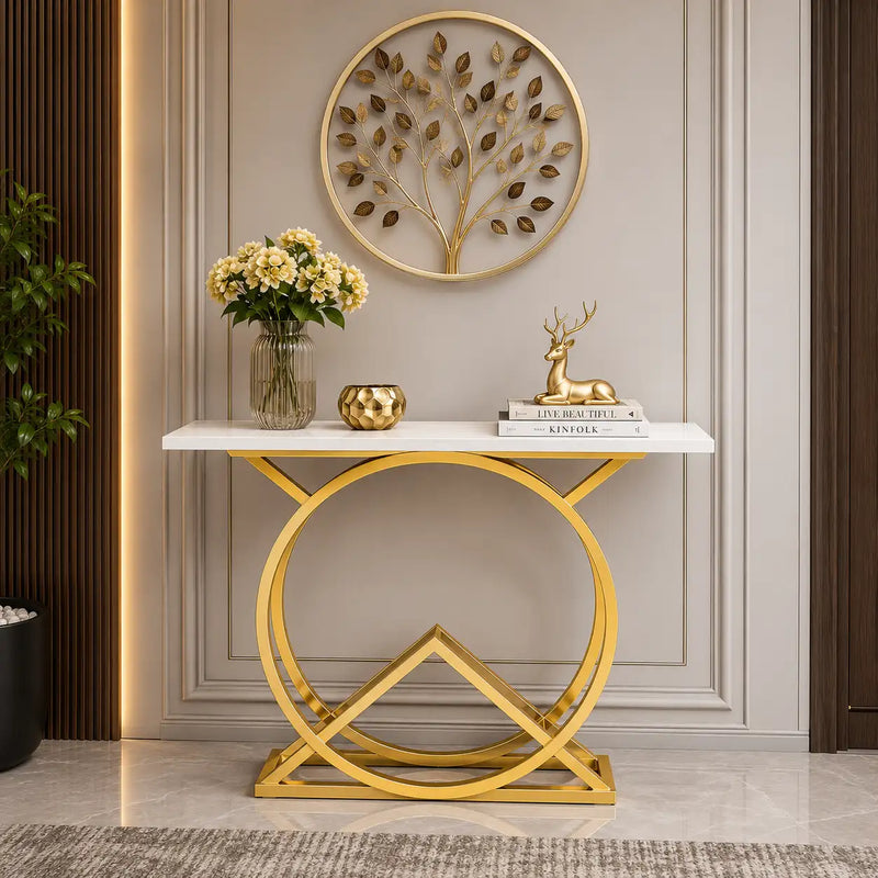 White Console Table with Twin Ring Gold Base