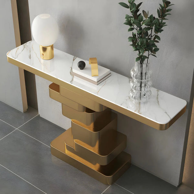 Marble Console Table with Layered Gold Pedestal