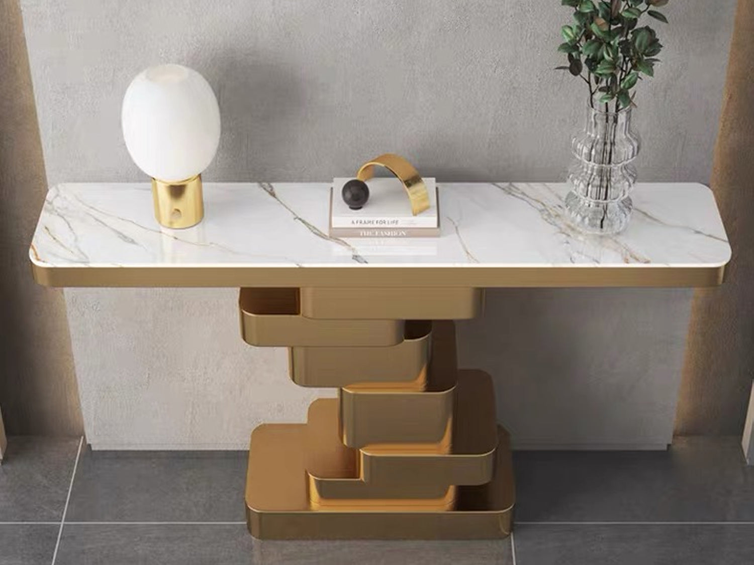Marble Console Table with Layered Gold Pedestal