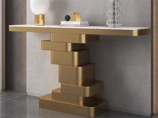 Marble Console Table with Layered Gold Pedestal