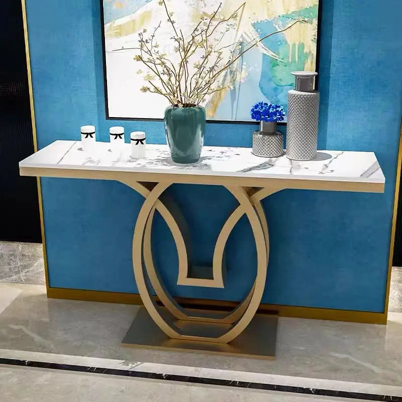 White Marble Console Table with Double Ring Gold Base