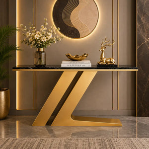 Narrow Foyer Marble Console Table with Angled Gold Stand