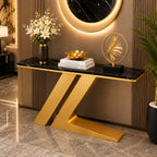 Narrow Foyer Marble Console Table with Angled Gold Stand