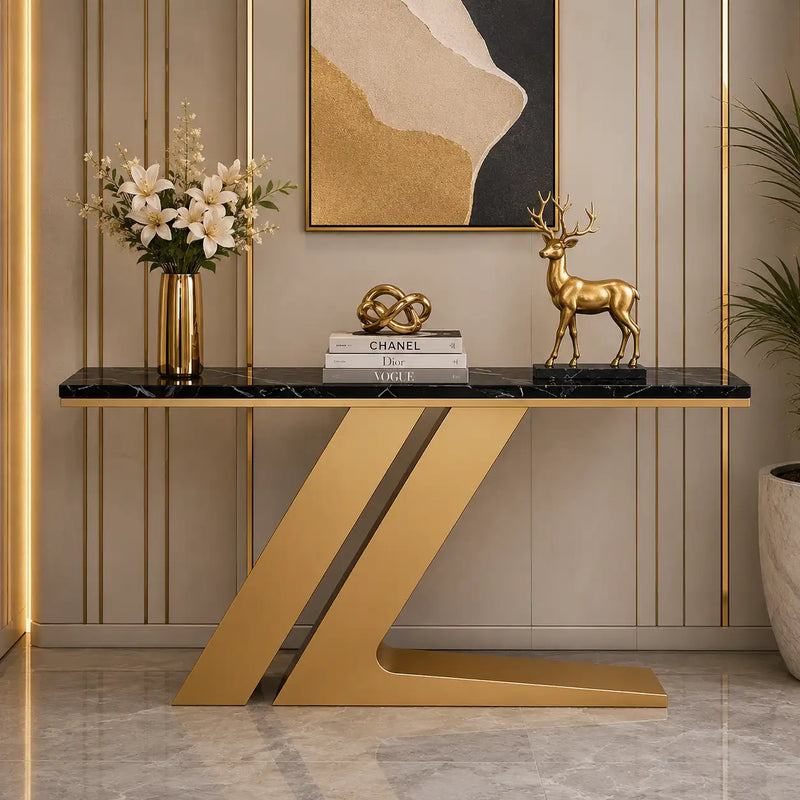 Narrow Foyer Marble Console Table with Angled Gold Stand