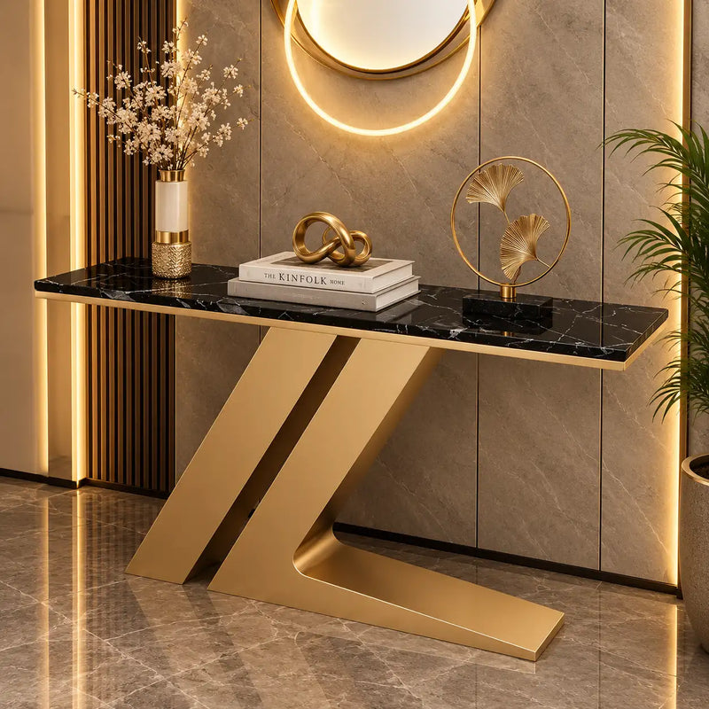 Narrow Foyer Marble Console Table with Angled Gold Stand