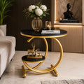 Black Marble Side Table with Gold Ring and Shelf