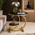 Black Marble Side Table with Gold Ring and Shelf