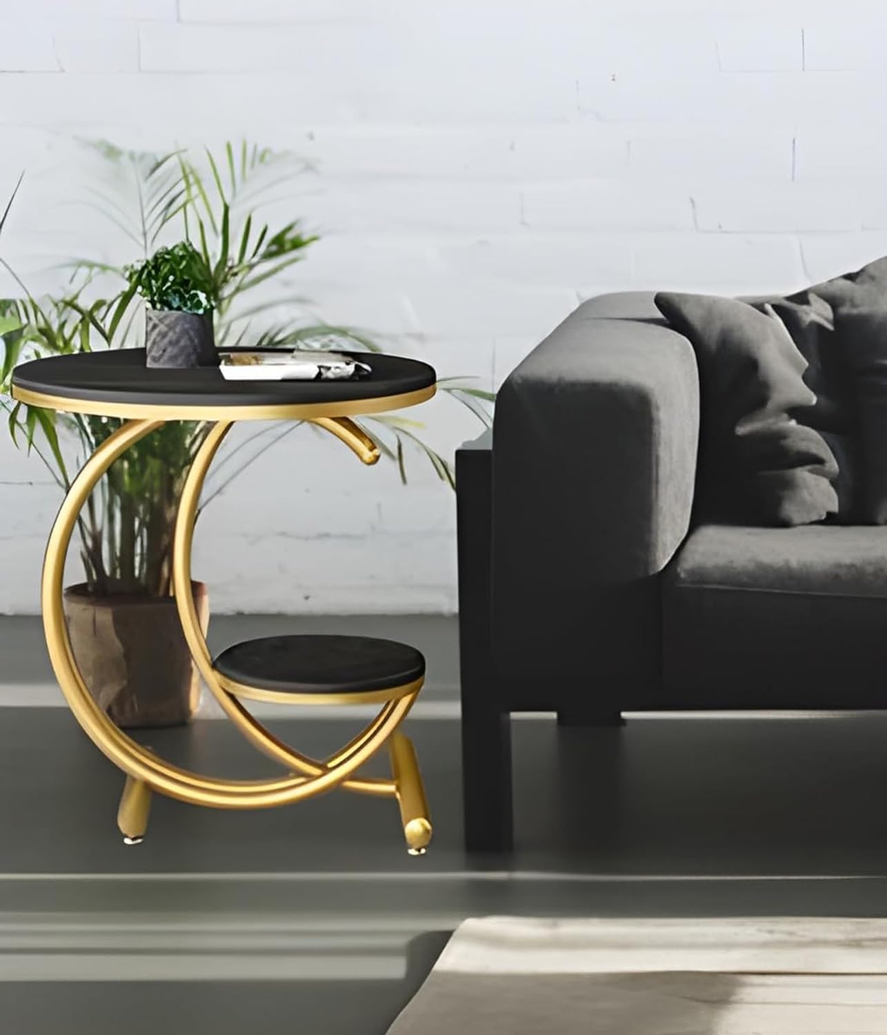 Black Marble Side Table with Gold Ring and Shelf