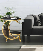 Black Marble Side Table with Gold Ring and Shelf