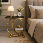 Black Marble Side Table with Gold Ring and Shelf