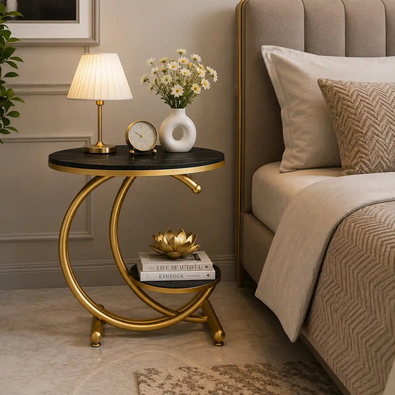 Black Marble Side Table with Gold Ring and Shelf