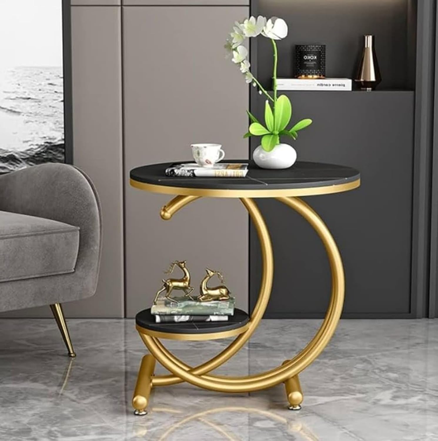 Black Marble Side Table with Gold Ring and Shelf