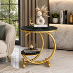 Black Marble Side Table with Gold Ring and Shelf