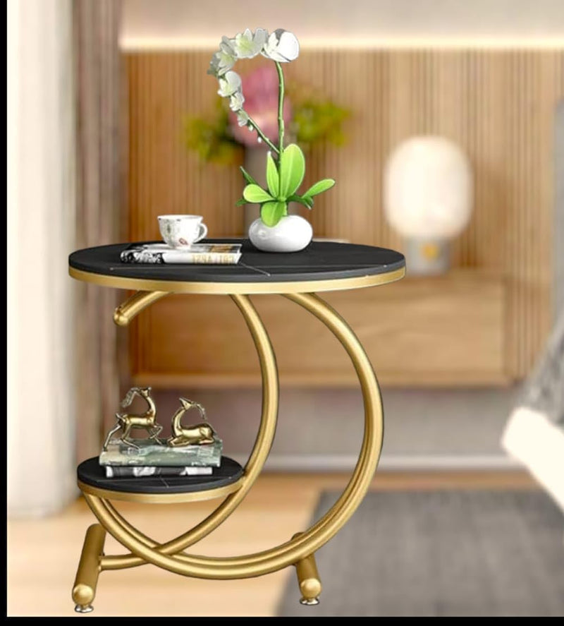 Black Marble Side Table with Gold Ring and Shelf