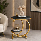 Black Marble Side Table with Gold Ring and Shelf