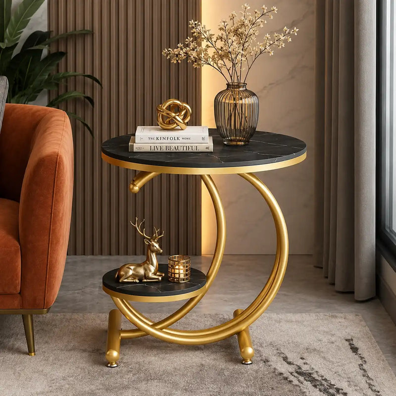 Black Marble Side Table with Gold Ring and Shelf