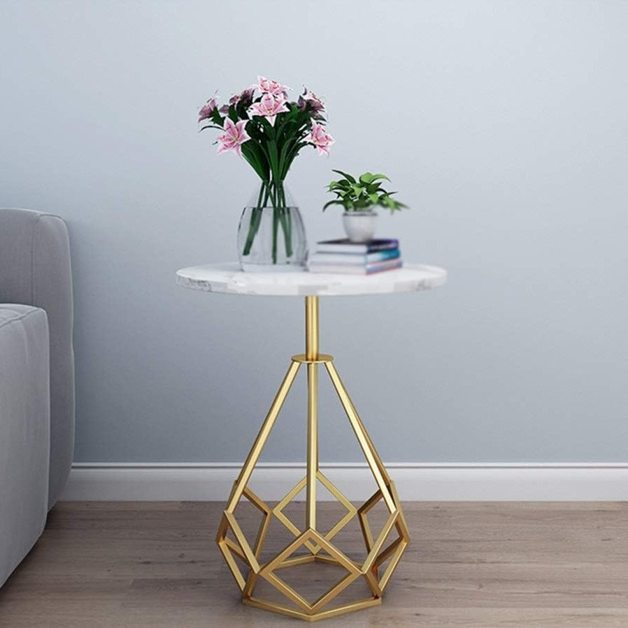White Marble End Side Table with Hexagon Gold Stand