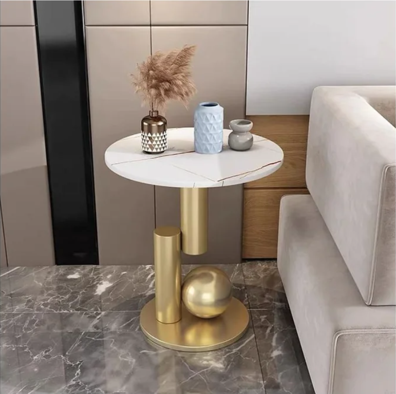 Small Round Marble Accent Side Table with Gold Base