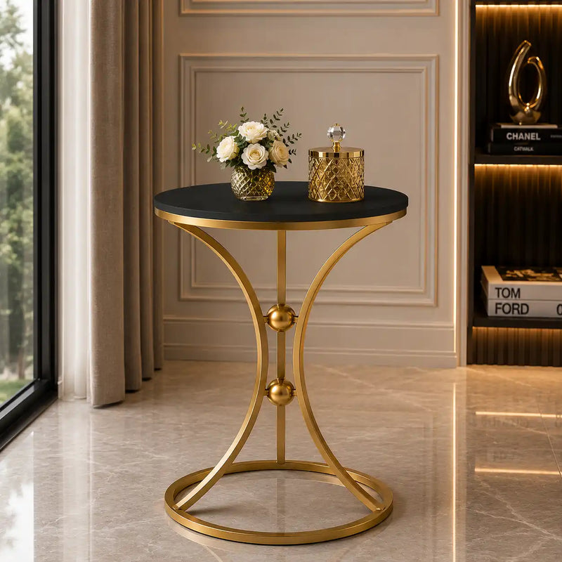 Modern Black Accent Side Table with Gold Ring Base