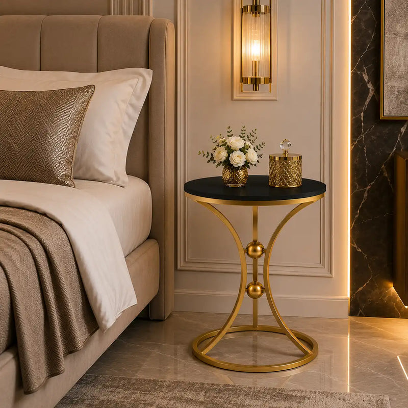 Modern Black Accent Side Table with Gold Ring Base