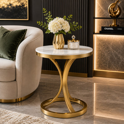 Bed side Round Marble Table with Gold Circle Base