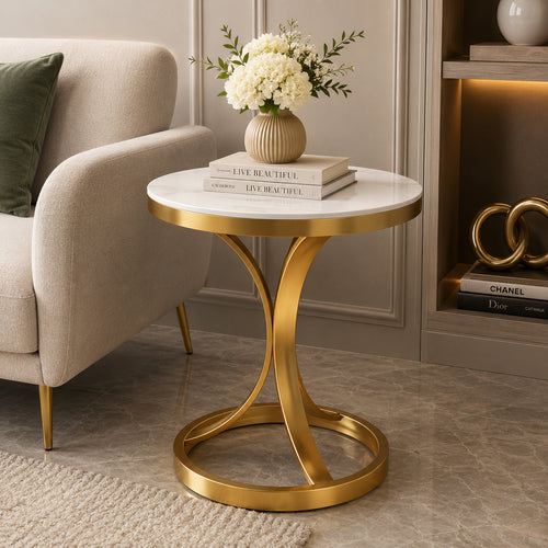 Bed side Round Marble Table with Gold Circle Base