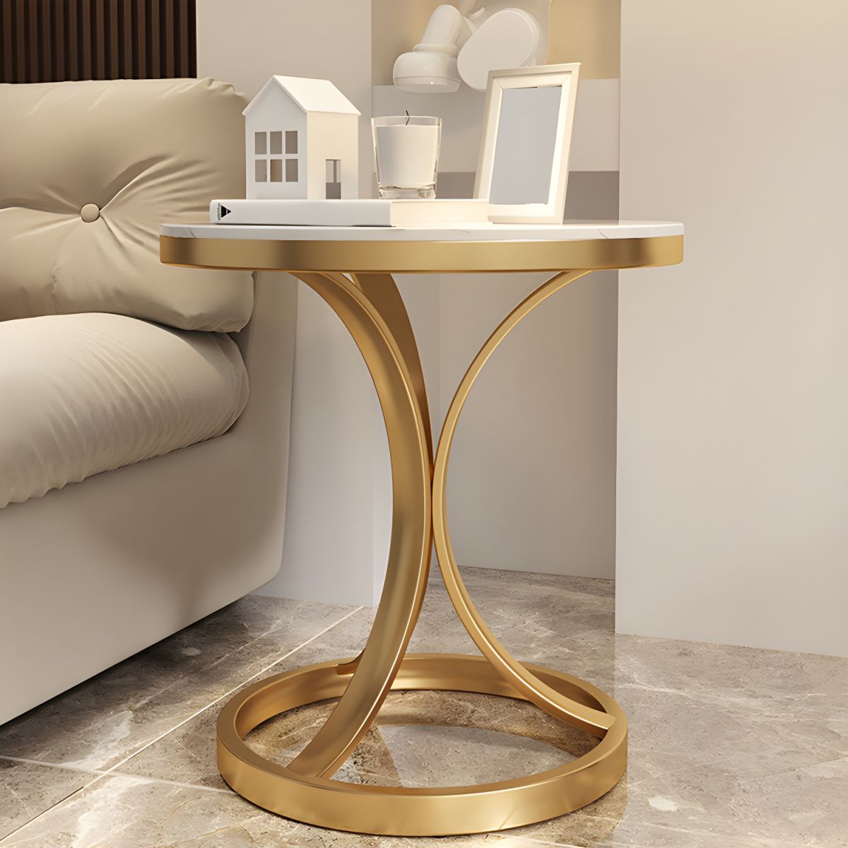 Bed side Round Marble Table with Gold Circle Base