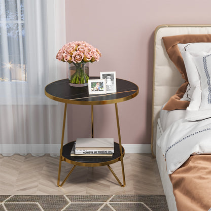 Modern Round Black Marble Side Table with Shelf