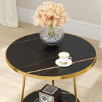 Modern Round Black Marble Side Table with Shelf