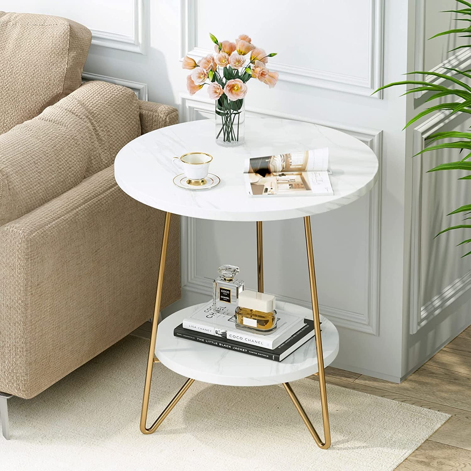 White Marble End Side Table with Lower Shelf