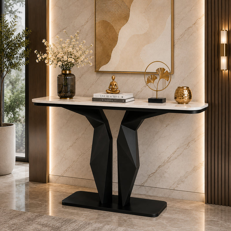 Geometric Black Console with Premium Marble Top