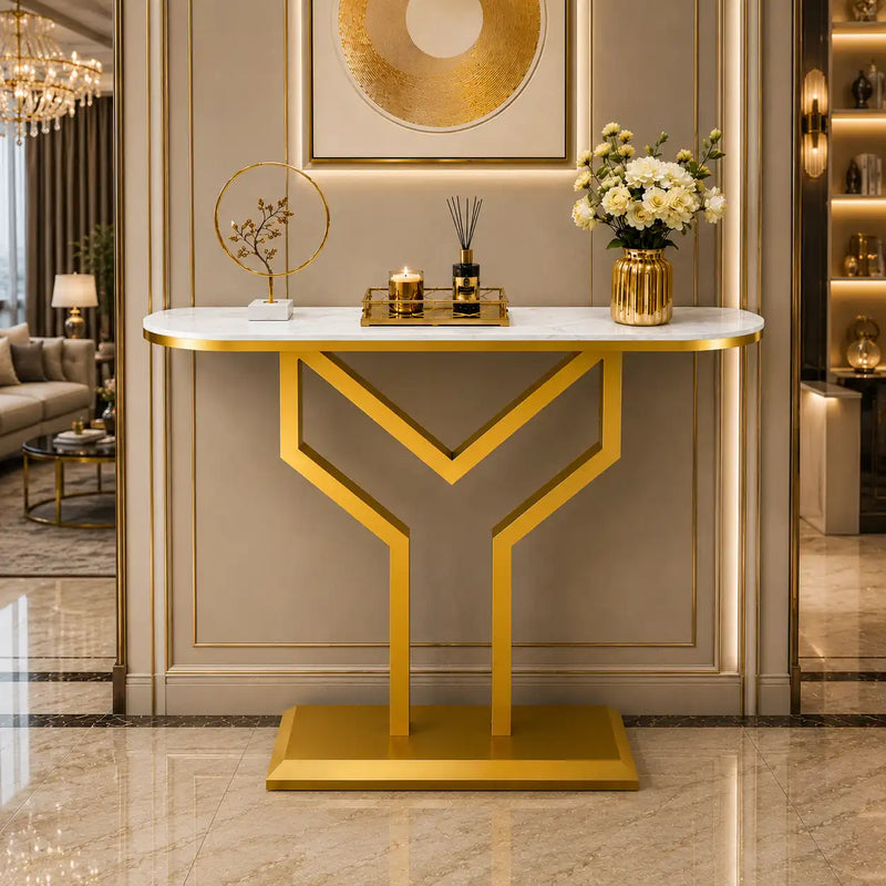 Luxury Y Shape Gold Console with White Marble Top