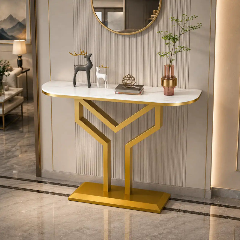 Luxury Y Shape Gold Console with White Marble Top