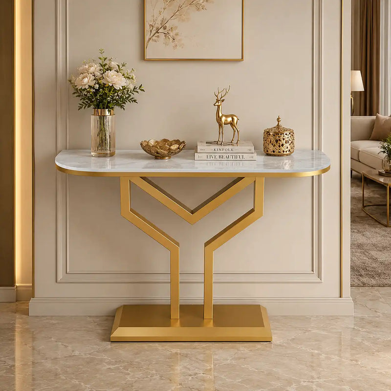 Luxury Y Shape Gold Console with White Marble Top
