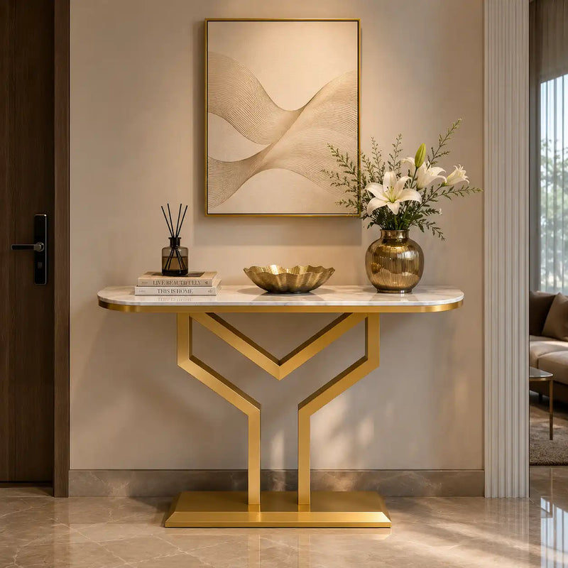 Luxury Y Shape Gold Console with White Marble Top