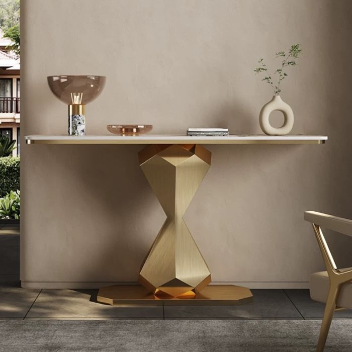 Hourglass Shape Console Table with Polished Gold Frame