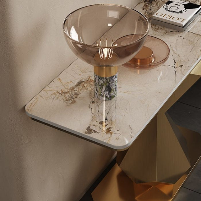 Hourglass Shape Console Table with Polished Gold Frame