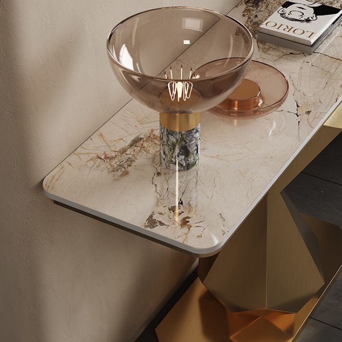 Hourglass Shape Console Table with Polished Gold Frame