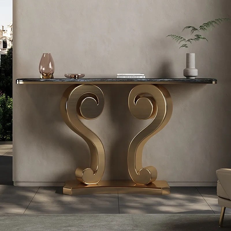 Vintage Inspired Scroll Console Table with Black Marble Finish