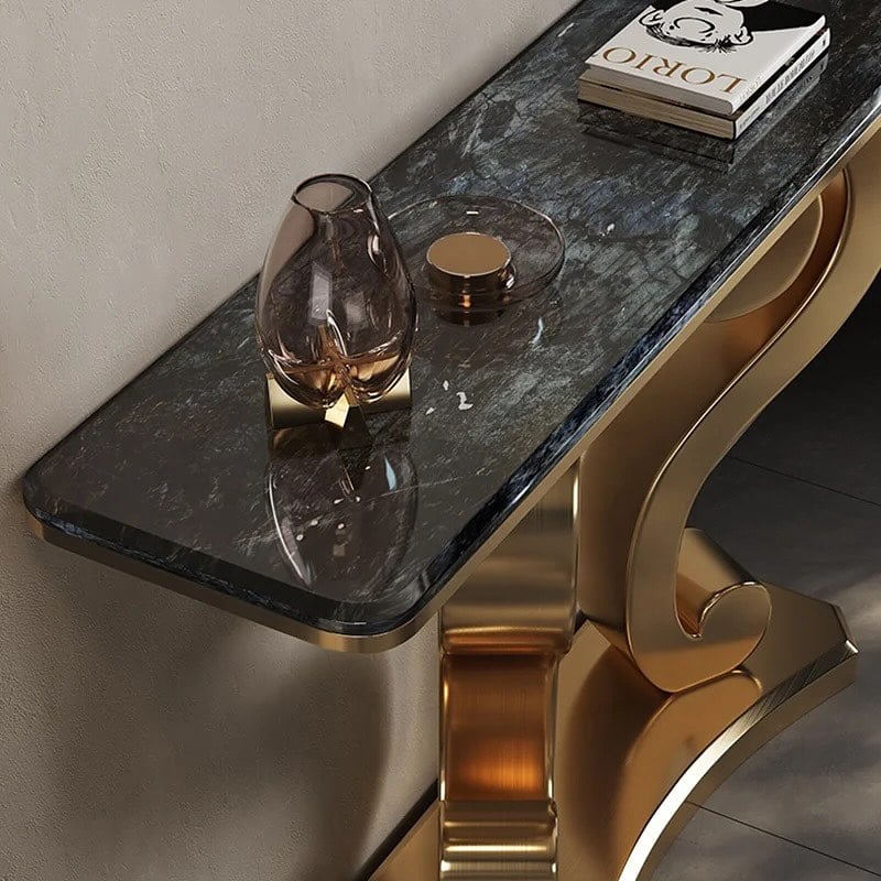 Vintage Inspired Scroll Console Table with Black Marble Finish