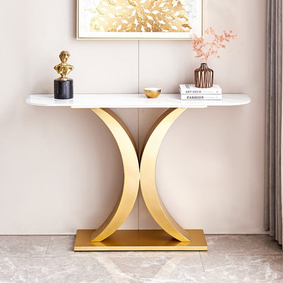 Elegant Gold X Leg Console Table with Smooth White Marble Top