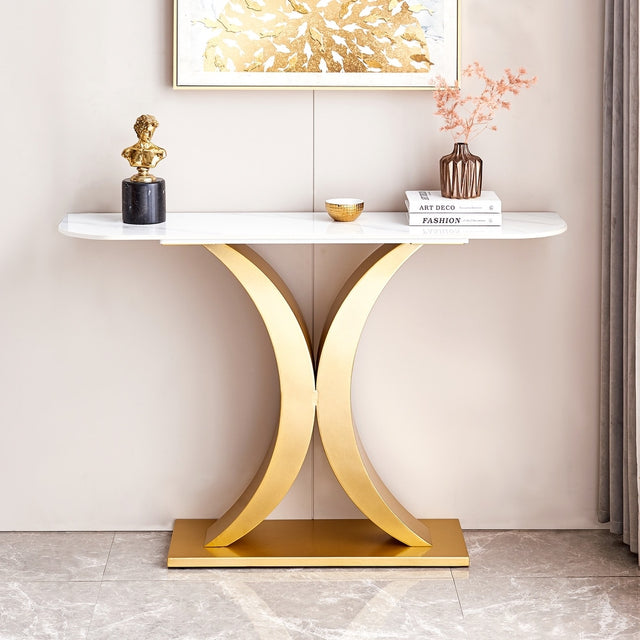 Elegant Gold X Leg Console Table with Smooth White Marble Top