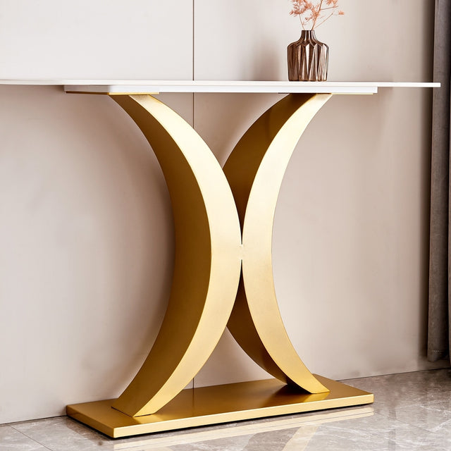 Elegant Gold X Leg Console Table with Smooth White Marble Top